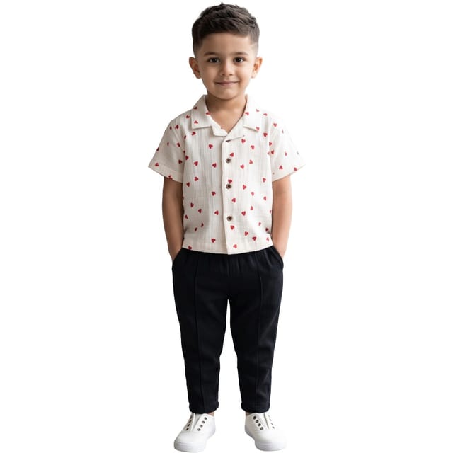 Snowflakes Unisex Cotton, Double Muslin Co-Ord Set With Heart Prints - White And Black