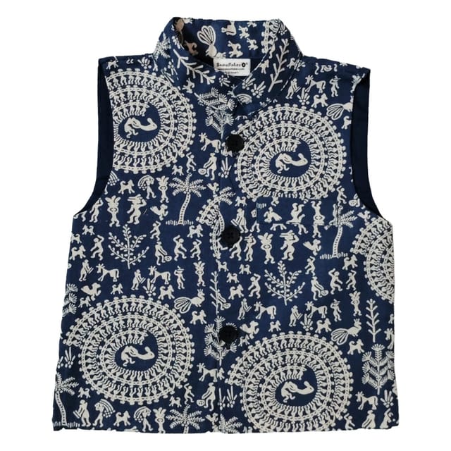 Snowflakes Boys, Cotton Waistcoat With Kalamkari Print - Indigo