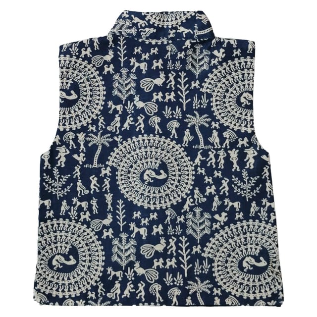 Snowflakes Boys, Cotton Waistcoat With Kalamkari Print - Indigo