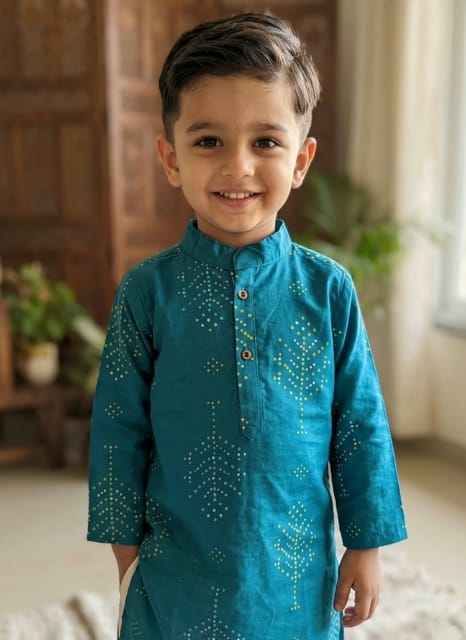 Snowflakes Boys Solid, Cotton, Kurta And Pyjama Set - Blue & Off White