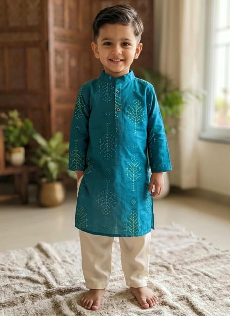 Snowflakes Boys Solid, Cotton, Kurta And Pyjama Set - Blue & Off White