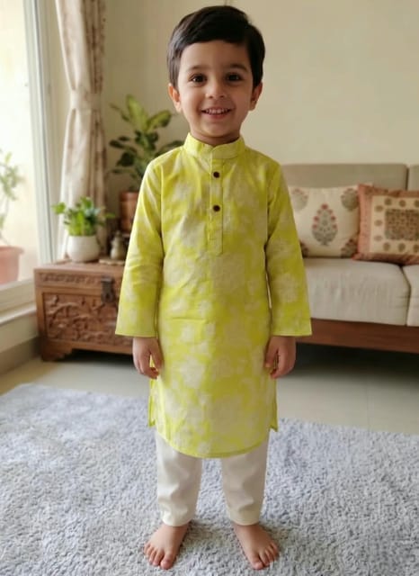 Snowflakes Boys Solid, Cotton, Kurta And Pyjama Set - Yellow & Off White