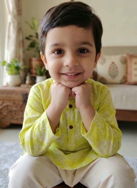 Snowflakes Boys Solid, Cotton, Kurta And Pyjama Set - Yellow & Off White