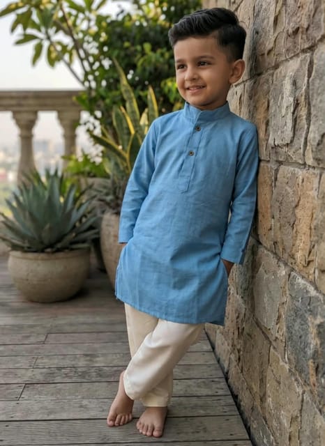Snowflakes Boys Solid, Cotton, Kurta And Pyjama Set - Light Blue & Off White