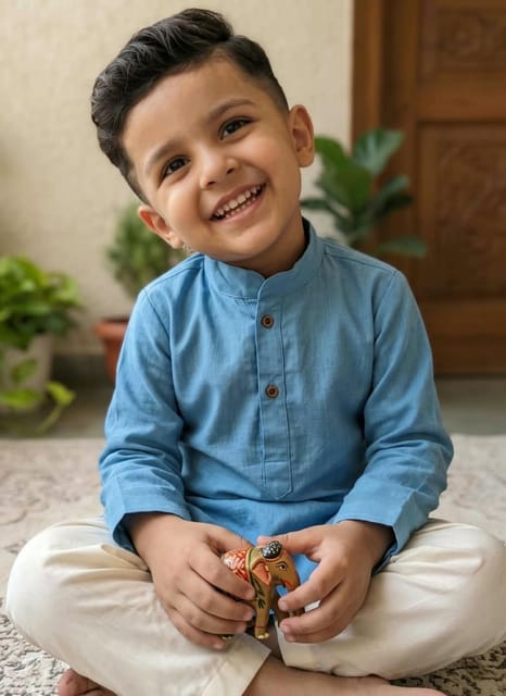 Snowflakes Boys Solid, Cotton, Kurta And Pyjama Set - Light Blue & Off White