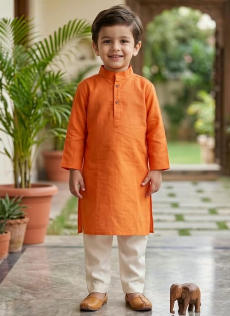 Snowflakes Boys Solid, Cotton, Kurta And Pyjama Set - Orange & Off White