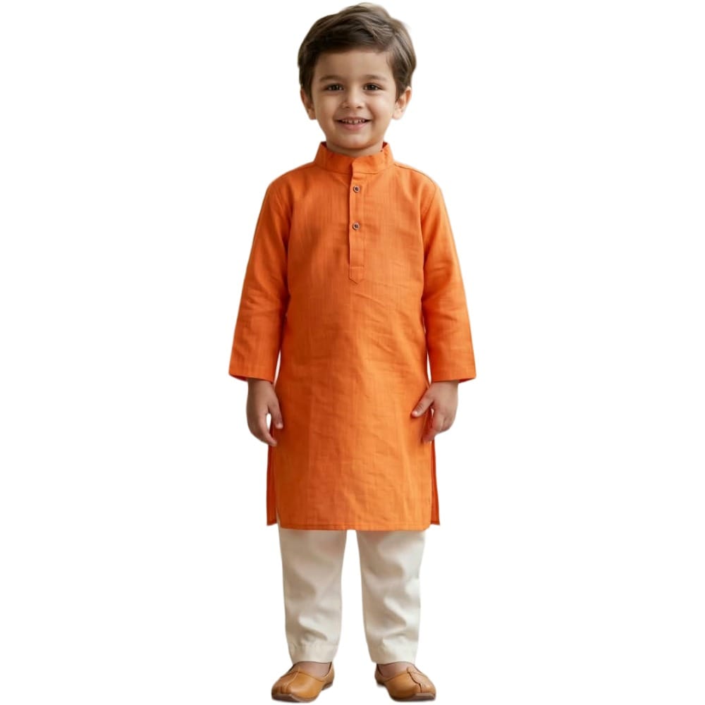Snowflakes Boys Solid, Cotton, Kurta And Pyjama Set - Orange & Off White