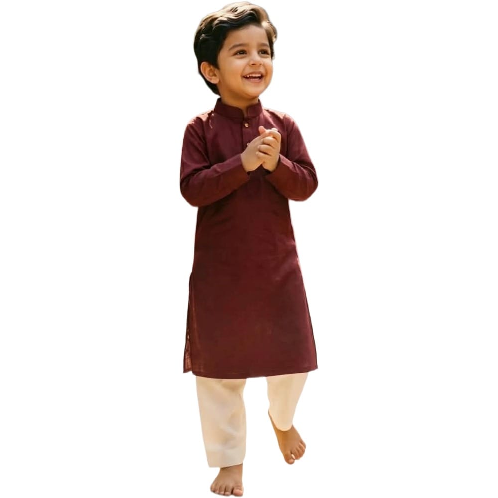 Snowflakes Boys Solid, Cotton, Kurta And Pyjama Set - Maroon & Off White