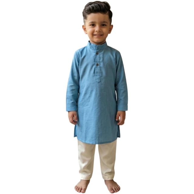 Snowflakes Boys Solid, Cotton, Kurta And Pyjama Set - Light Blue & Off White