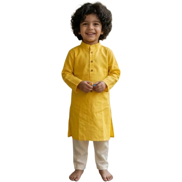 Snowflakes Boys Solid, Cotton, Kurta And Pyjama Set - Yellow & Off White