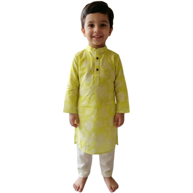 Snowflakes Boys Solid, Cotton, Kurta And Pyjama Set - Yellow & Off White