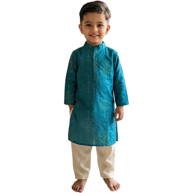 Snowflakes Boys Solid, Cotton, Kurta And Pyjama Set - Blue & Off White