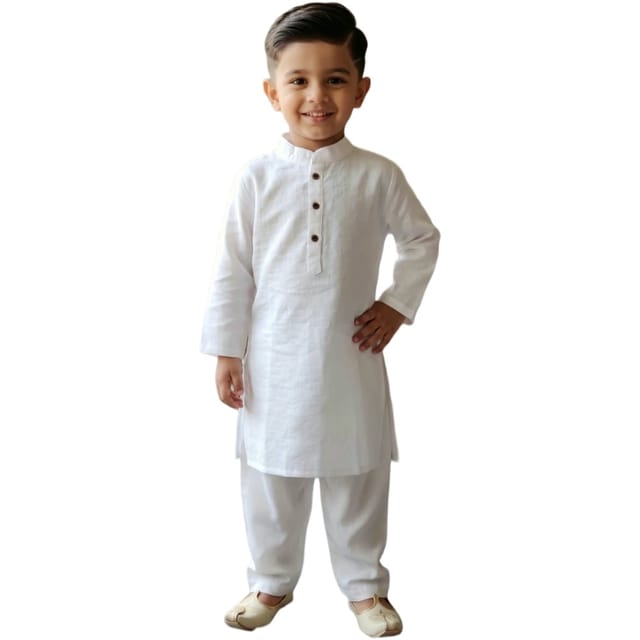 Snowflakes Boys Solid, Cotton, Kurta And Pyjama Set - White