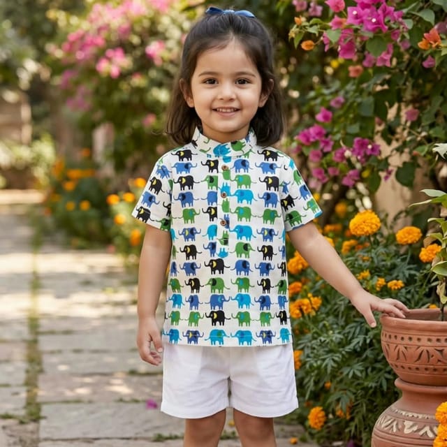 Snowflakes Boys Half Sleeve Cotton Short Kurta With Elephant Prints - White