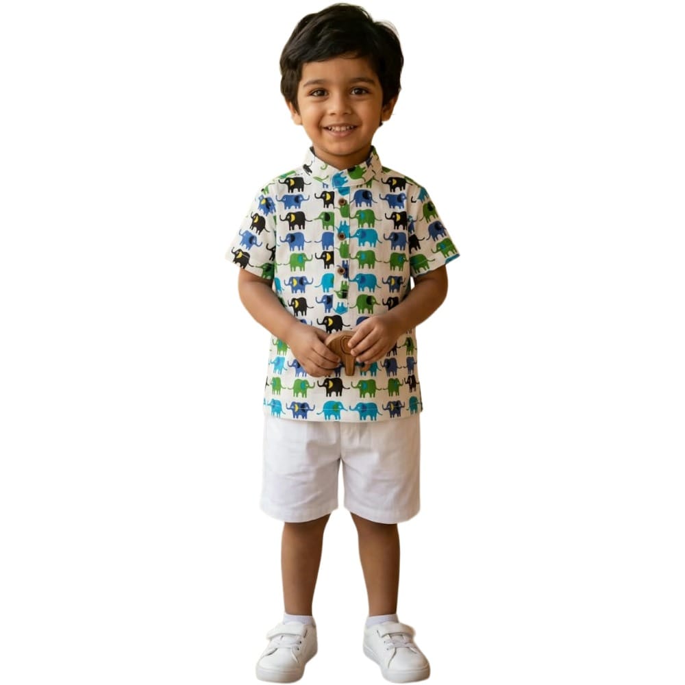 Snowflakes Boys Half Sleeve Cotton Short Kurta With Elephant Prints - White