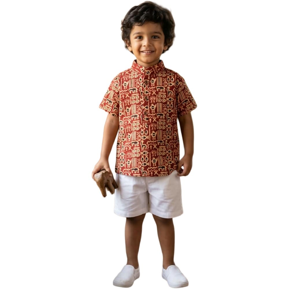 Snowflakes Boys Half Sleeve Cotton Short Kurta With kalamkari print - Maroon
