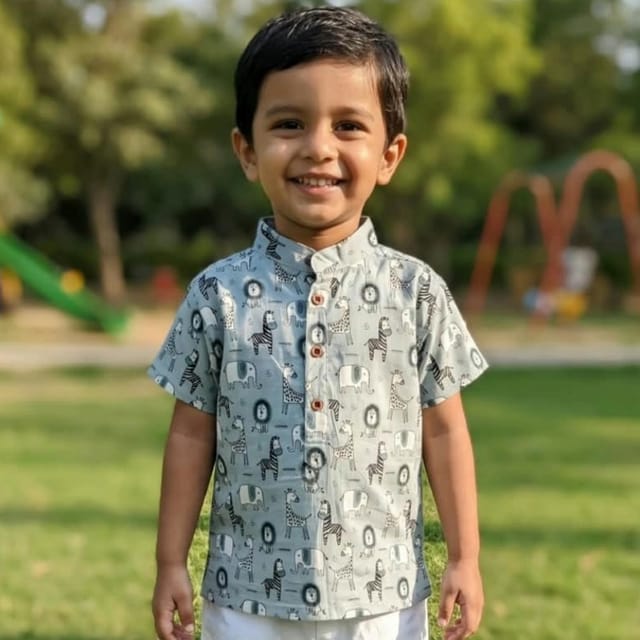 Snowflakes Boys Half Sleeve Cotton Short Kurta With Animals print - Grey