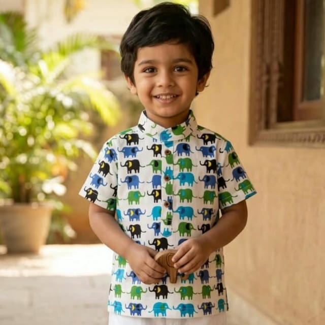 Snowflakes Boys Half Sleeve Cotton Short Kurta With Elephant Prints - White Snowflakes Boys Half Sleeve Cotton Short Kurta With Elephant Prints - White