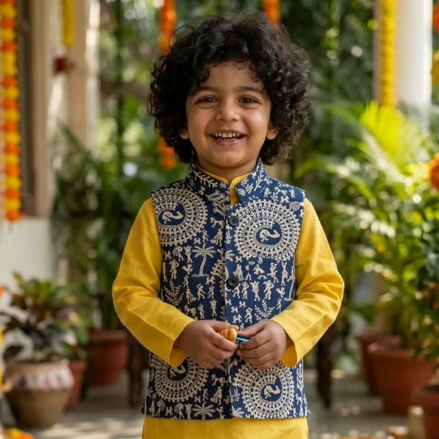 Snowflakes Boys, Cotton Waistcoat With Kalamkari Print - Indigo