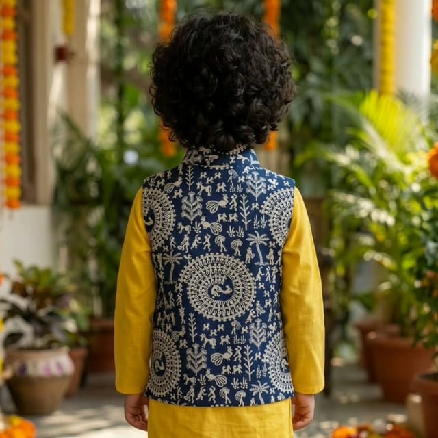 Snowflakes Boys, Cotton Waistcoat With Kalamkari Print - Indigo