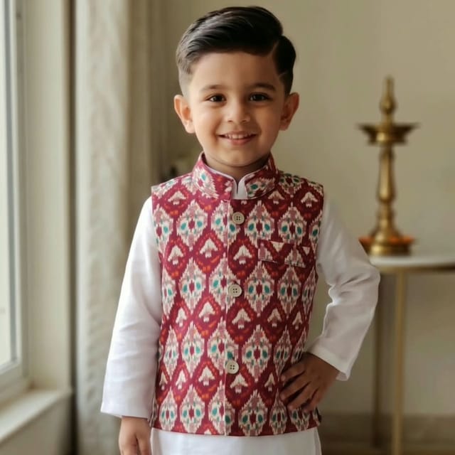 Snowflakes Boys, Cotton Waistcoat - Red