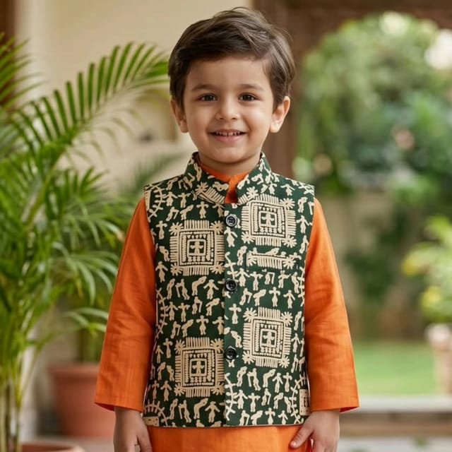 Snowflakes Boys, Cotton Waistcoat - Green