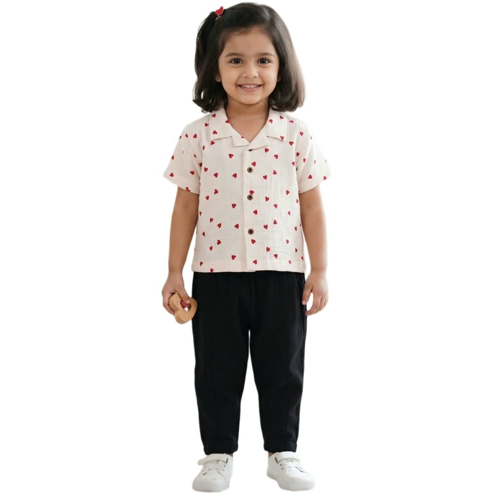 Snowflakes Unisex Cotton, Double Muslin Co-Ord Set With Heart Prints - White And Black