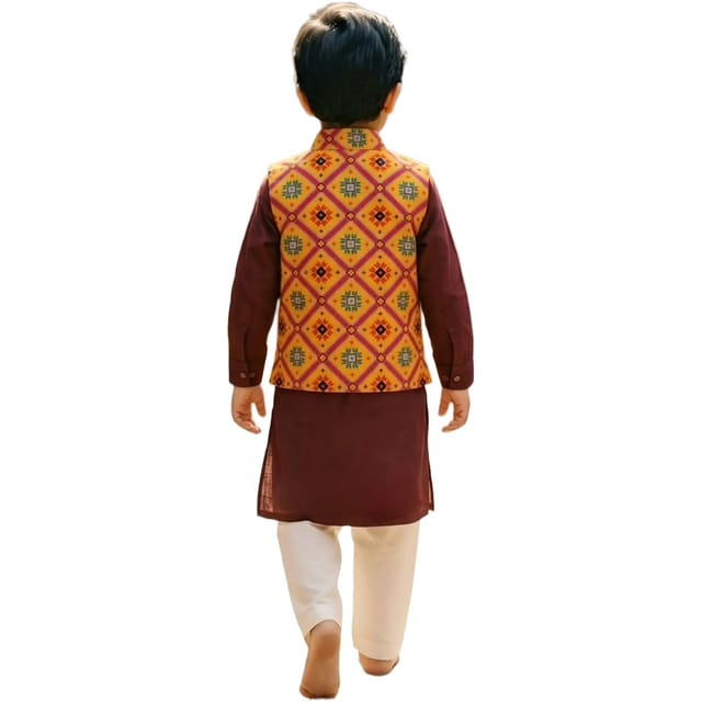 Snowflakes Boys Solid, Cotton, Kurta, Pyjama And Waistcoat Set - Maroon & Off White