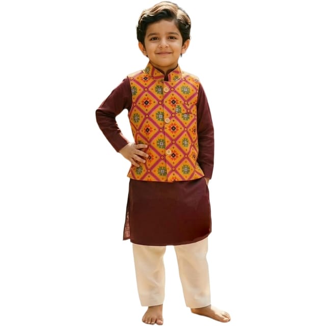 Snowflakes Boys Solid, Cotton, Kurta, Pyjama And Waistcoat Set - Maroon & Off White