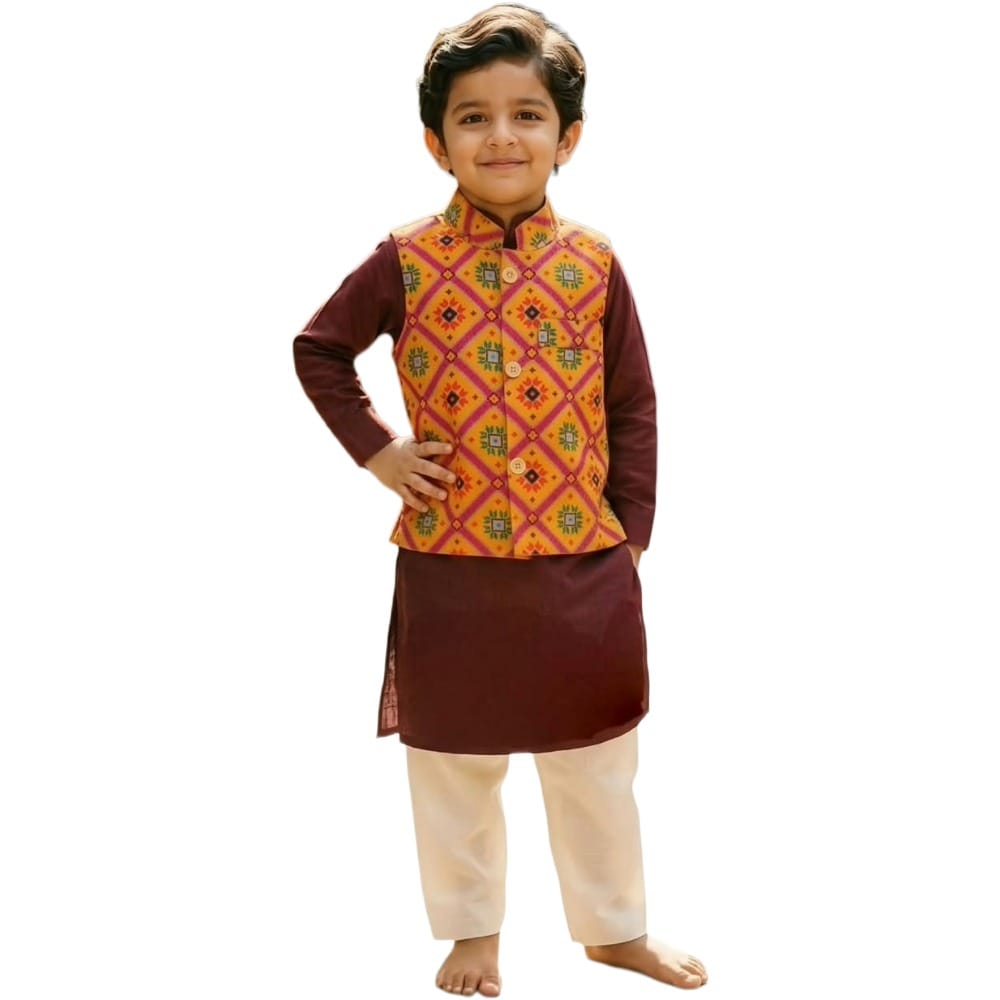 Snowflakes Boys Solid, Cotton, Kurta, Pyjama And Waistcoat Set - Maroon & Off White
