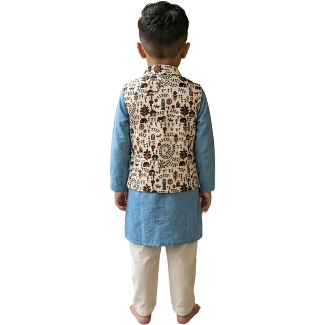 Snowflakes Boys Solid, Cotton, Kurta, Pyjama And Waistcoat Set - Light Blue & Off White