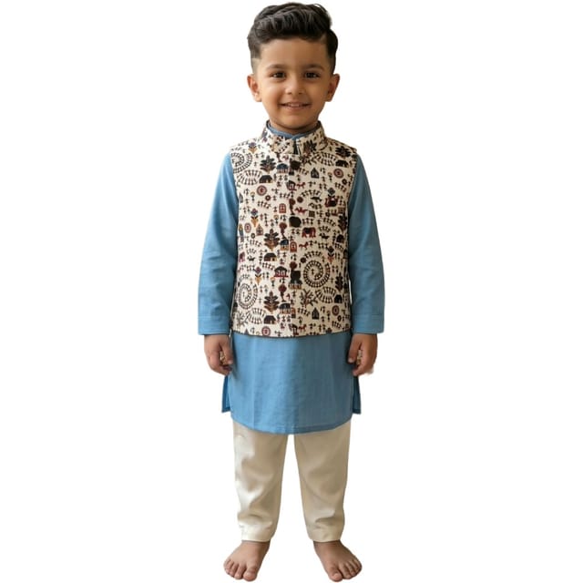 Snowflakes Boys Solid, Cotton, Kurta, Pyjama And Waistcoat Set - Light Blue & Off White