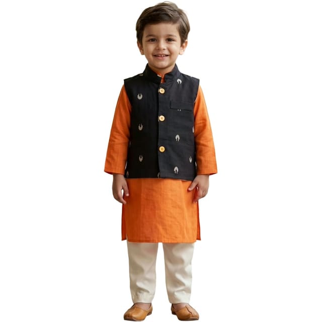 Snowflakes Boys Solid, Cotton, Kurta, Pyjama And Waistcoat Set - Orange & Off White