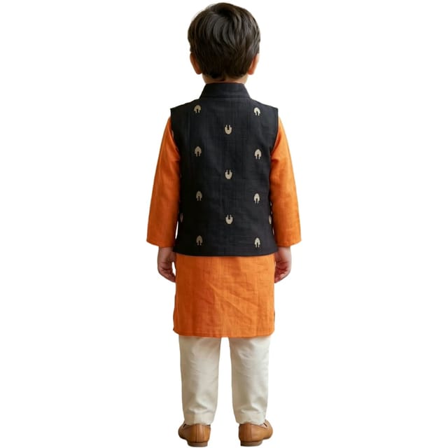 Snowflakes Boys Solid, Cotton, Kurta, Pyjama And Waistcoat Set - Orange & Off White