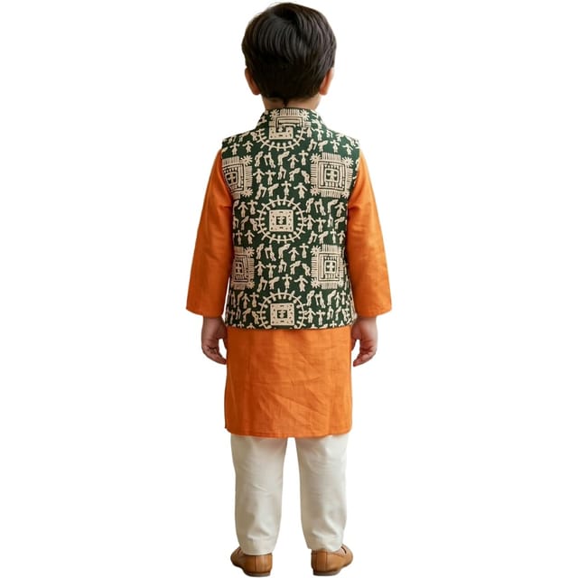 Snowflakes Boys Solid, Cotton, Kurta, Pyjama And Waistcoat Set - Orange & Off White