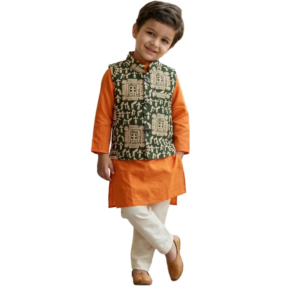 Snowflakes Boys Solid, Cotton, Kurta, Pyjama And Waistcoat Set - Orange & Off White