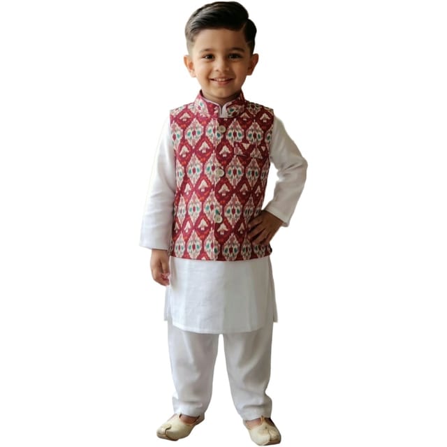 Snowflakes Boys Solid Silk, Kurta, Pyjama And Waistcoat Set - White