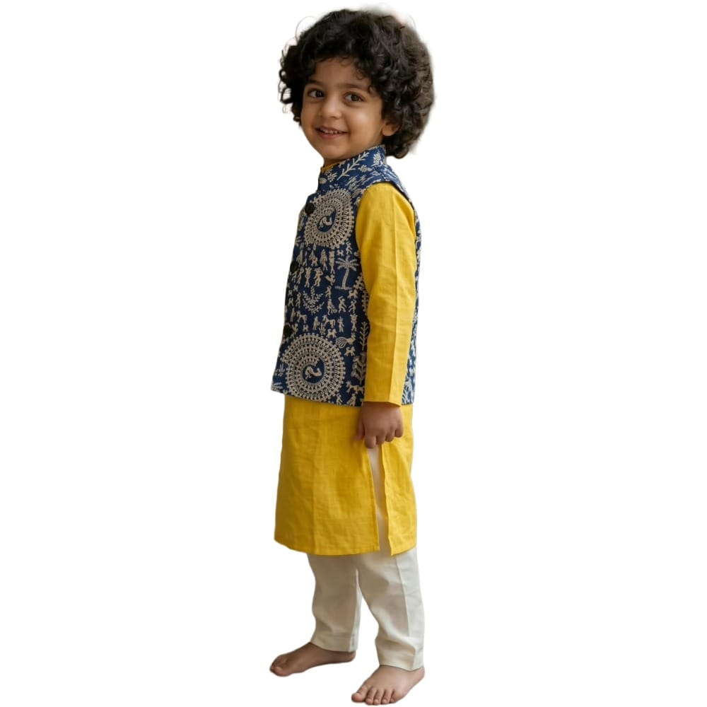 Snowflakes Boys Solid, Cotton, Kurta, Pyjama And Waistcoat Set - Yellow & Off White