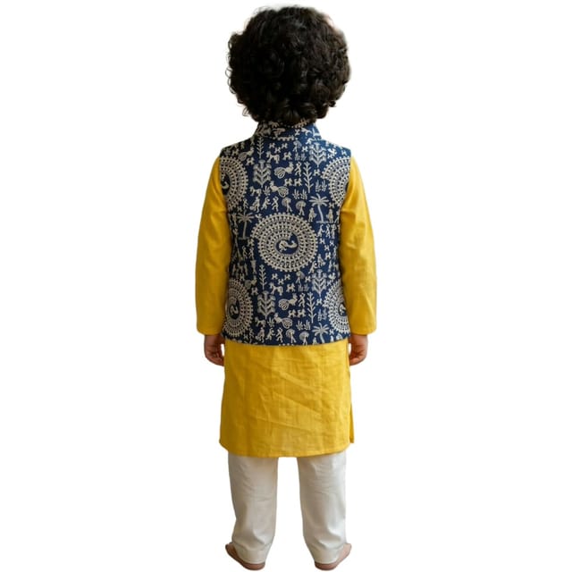 Snowflakes Boys Solid, Cotton, Kurta, Pyjama And Waistcoat Set - Yellow & Off White
