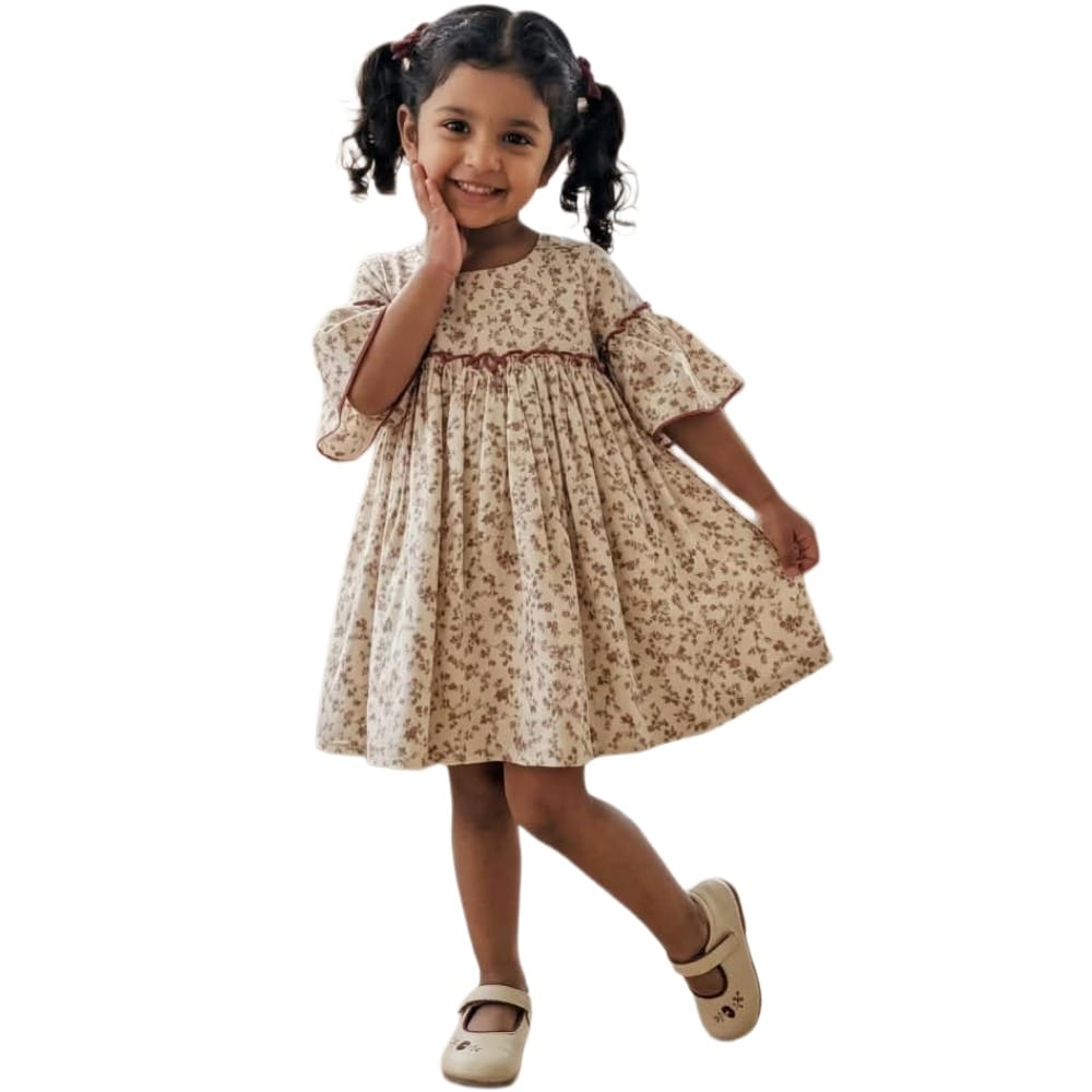 Snowflakes Cotton Bell Sleeved Dress With Flower Prints - White