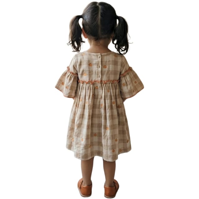 Snowflakes Cotton Bell Sleeved Dress With Lion Face Print - Cream
