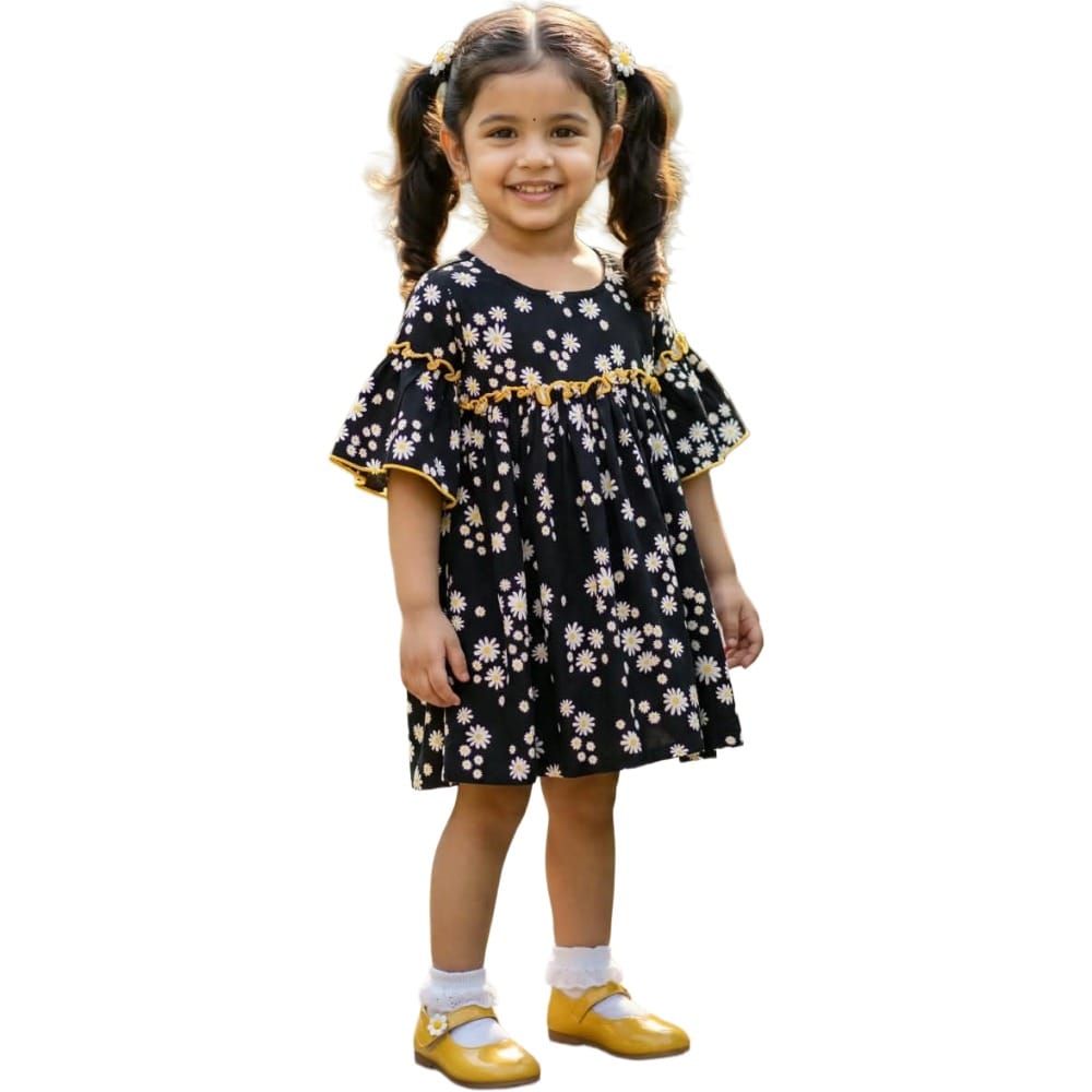 Snowflakes Cotton Bell Sleeved Dress With Flower Prints - Black