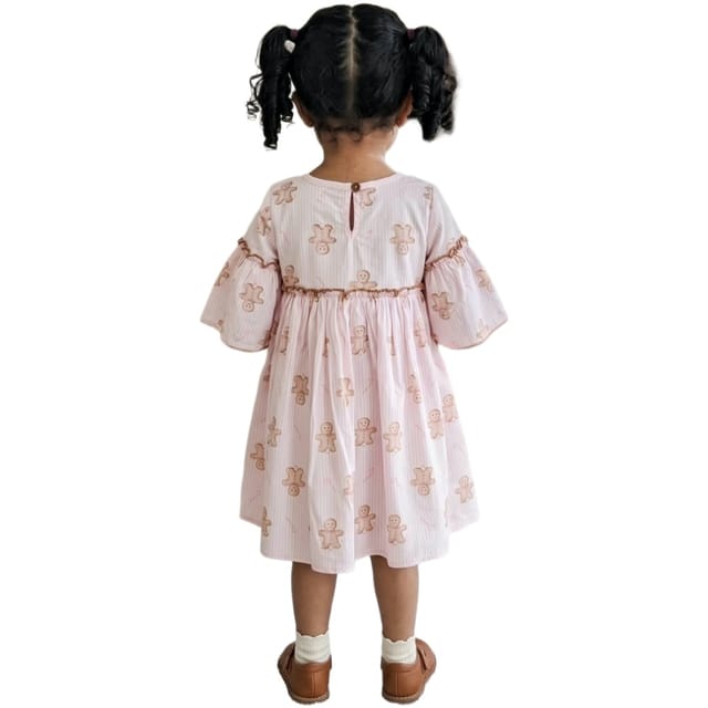Snowflakes Cotton Bell Sleeved Dress With Flower Prints - Pink