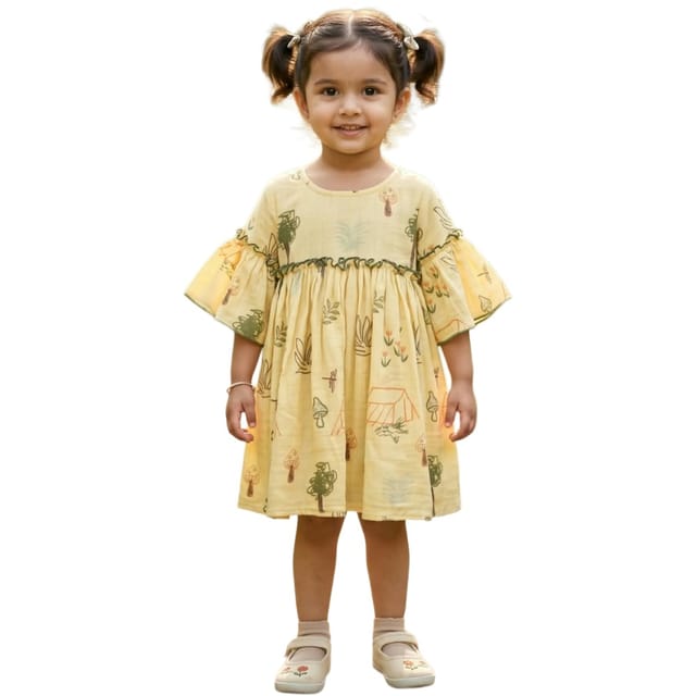Snowflakes Cotton Bell Sleeved Dress With Flower And Flower Prints - Yellow