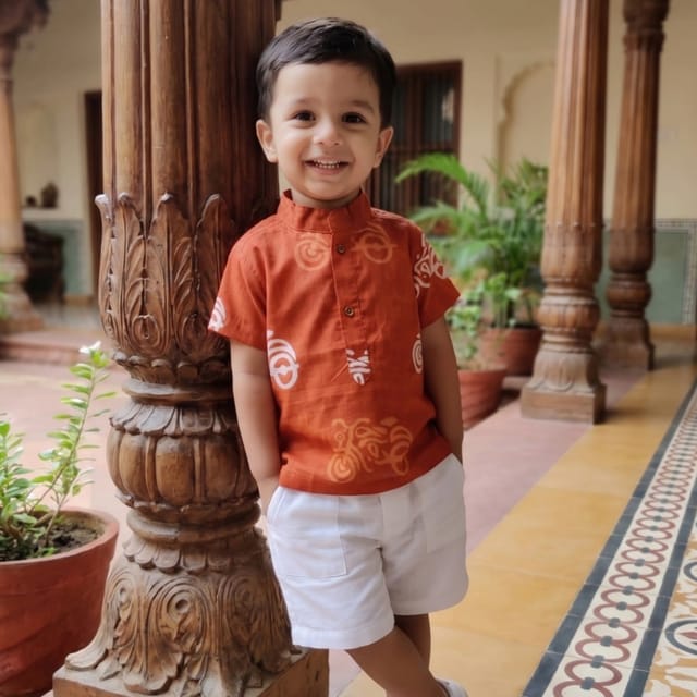 Snowflakes Boys Half Sleeve Cotton Short Kurta With Cycle print - Orange