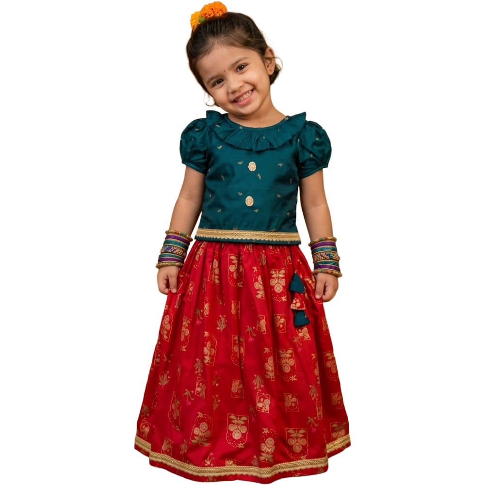 Snowflakes Girls' Lehenga Set, Printed - Green & Red