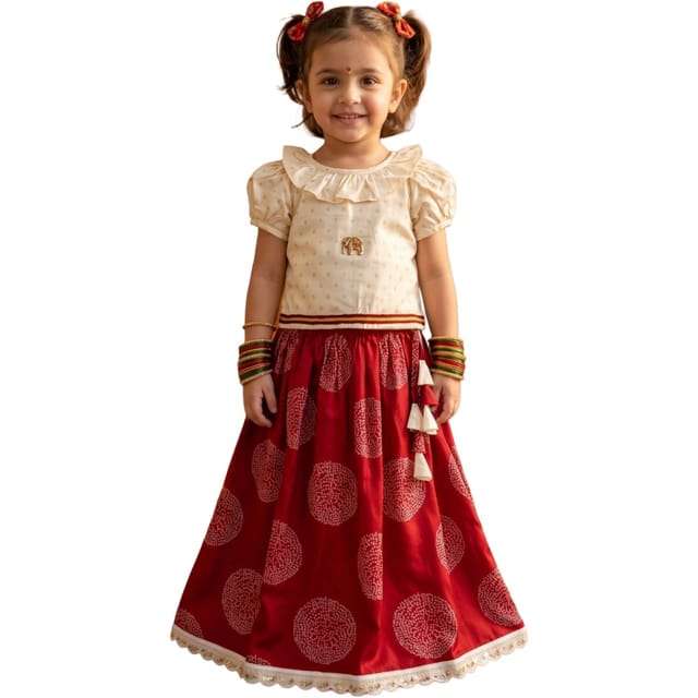 Snowflakes Girls' Lehenga Set, Printed - Cream & Maroon