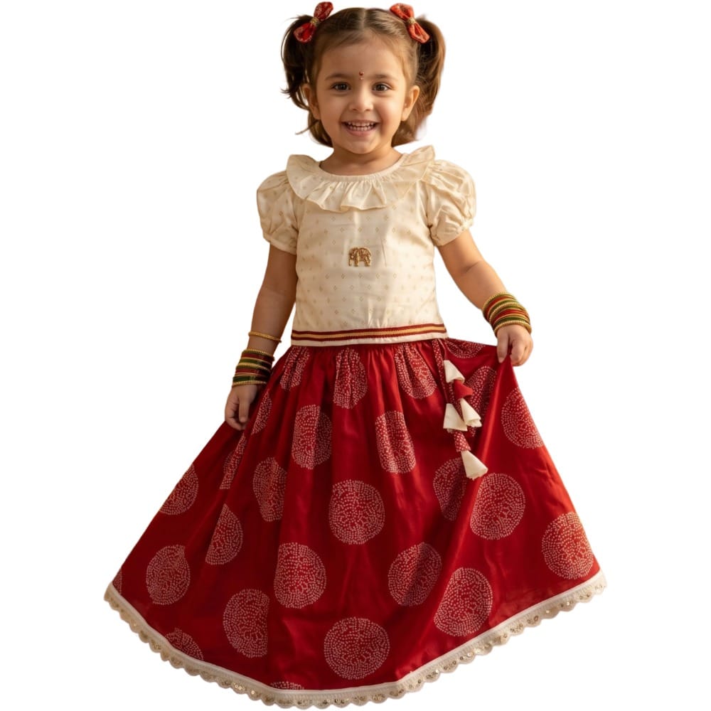 Snowflakes Girls' Lehenga Set, Printed - Cream & Maroon