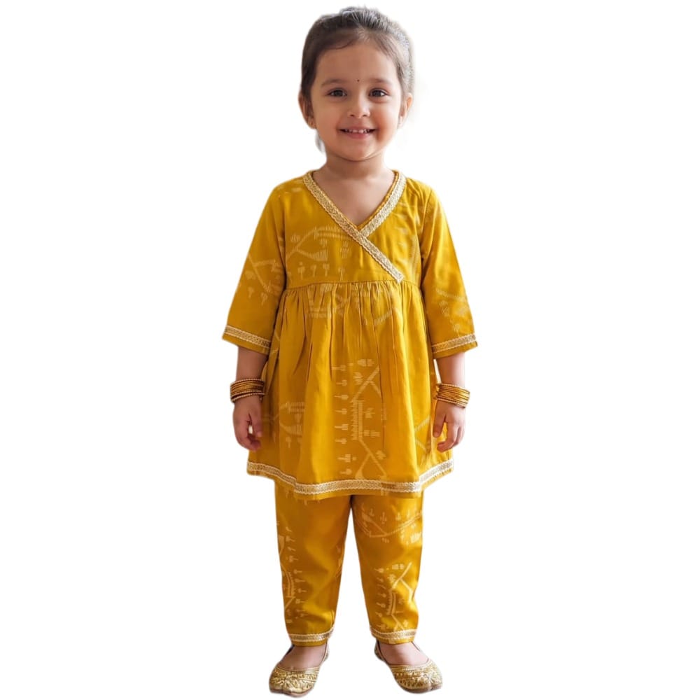 Snowflakes Girls' Rayon 3/4th Sleeve Kurti Set, Printed - Yellow