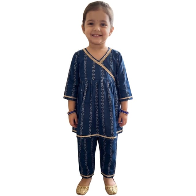 Snowflakes Girls' Rayon 3/4th Sleeve Kurti Set, Printed - Blue